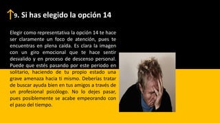 Elegir como representativa la opción 14 te hace
ser claramente un foco de atención, pues te
encuentras en plena caída. Es clara la imagen
con un giro emocional que te hace sentir
desvalido y en proceso de descenso personal.
Puede que estés pasando por este periodo en
solitario, haciendo de tu propio estado una
grave amenaza hacia ti mismo. Deberías tratar
de buscar ayuda bien en tus amigos a través de
un profesional psicólogo. No lo dejes pasar,
pues posiblemente se acabe empeorando con
el paso del tiempo.
9. Si has elegido la opción 14
 