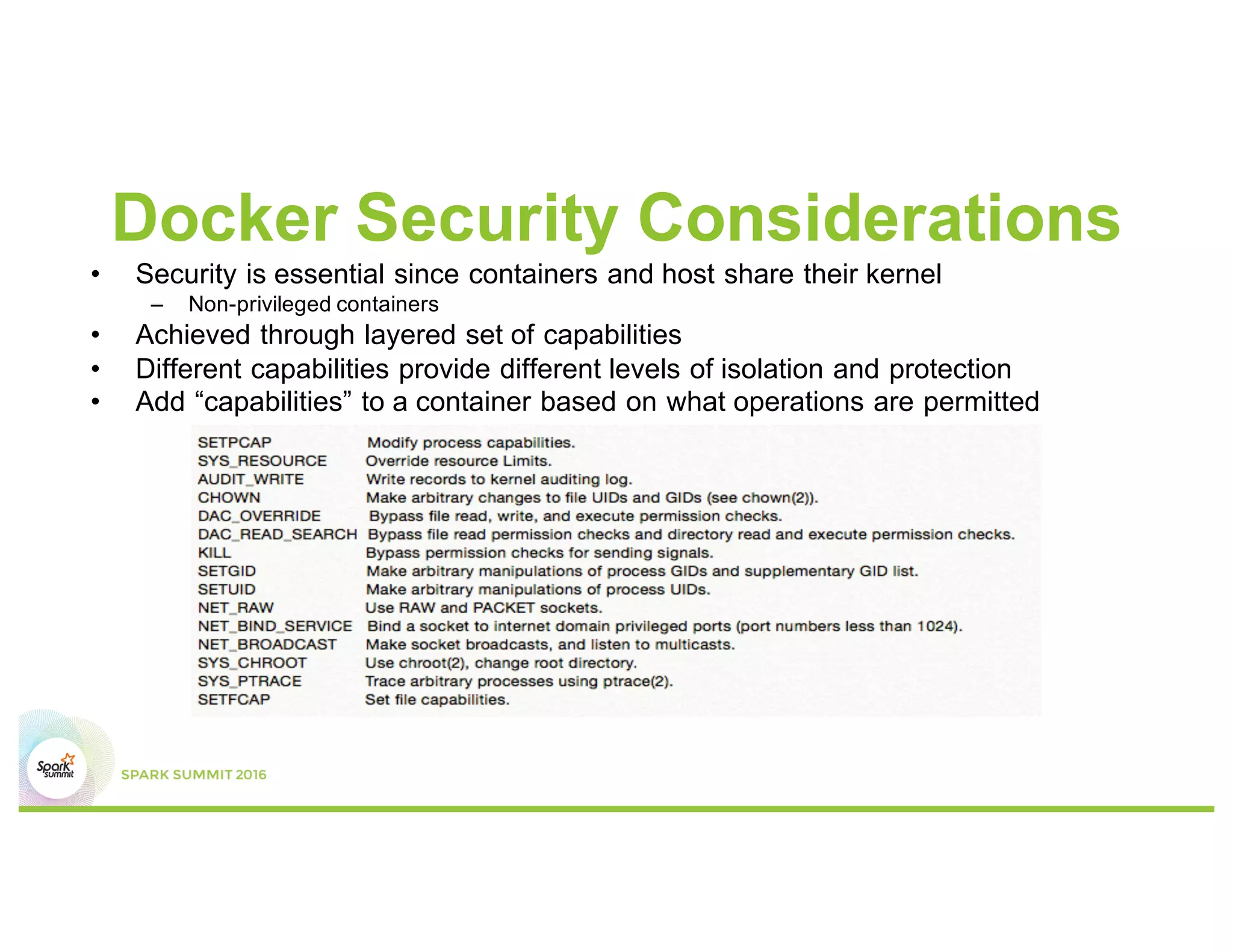 Docker Security Considerations
• Security is essential since containers and host share their kernel
– Non-privileged containers
• Achieved through layered set of capabilities
• Different capabilities provide different levels of isolation and protection
• Add “capabilities” to a container based on what operations are permitted
 