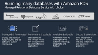 Scale compute
and storage with a
few clicks; minimal
downtime for your
application
Automatic Multi-AZ
data replication;
automated backup,
snapshots, and
failover
Data encryption at
rest and in transit;
industry compliance
and assurance
programs
Running many databases with Amazon RDS
Managed Relational Database Service with choice
Managed & Automated
Deploy and maintain
hardware, OS, and DB
software; built-in
monitoring
Performant & scalable Available & durable Secure & compliant
 