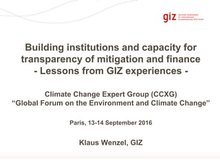 Page 1
Building institutions and capacity for
transparency of mitigation and finance
- Lessons from GIZ experiences -
Climate Change Expert Group (CCXG)
“Global Forum on the Environment and Climate Change”
Paris, 13-14 September 2016
Klaus Wenzel, GIZ
 