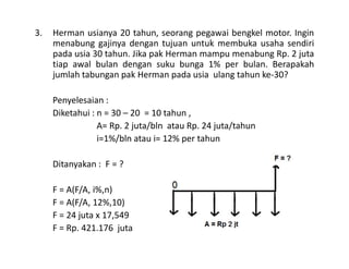 3. Herman usianya 20 tahun, seorang pegawai bengkel motor. Ingin
menabung gajinya dengan tujuan untuk membuka usaha sendiri
pada usia 30 tahun. Jika pak Herman mampu menabung Rp. 2 juta
tiap awal bulan dengan suku bunga 1% per bulan. Berapakah
jumlah tabungan pak Herman pada usia ulang tahun ke-30?
Penyelesaian :
Diketahui : n = 30 – 20 = 10 tahun ,
A= Rp. 2 juta/bln atau Rp. 24 juta/tahun
i=1%/bln atau i= 12% per tahuni=1%/bln atau i= 12% per tahun
Ditanyakan : F = ?
F = A(F/A, i%,n)
F = A(F/A, 12%,10)
F = 24 juta x 17,549
F = Rp. 421.176 juta
 