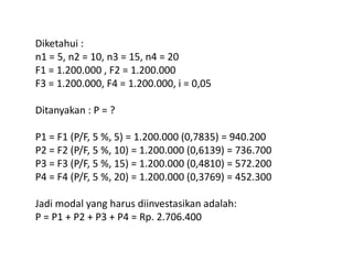 Diketahui :
n1 = 5, n2 = 10, n3 = 15, n4 = 20
F1 = 1.200.000 , F2 = 1.200.000
F3 = 1.200.000, F4 = 1.200.000, i = 0,05
Ditanyakan : P = ?
P1 = F1 (P/F, 5 %, 5) = 1.200.000 (0,7835) = 940.200P1 = F1 (P/F, 5 %, 5) = 1.200.000 (0,7835) = 940.200
P2 = F2 (P/F, 5 %, 10) = 1.200.000 (0,6139) = 736.700
P3 = F3 (P/F, 5 %, 15) = 1.200.000 (0,4810) = 572.200
P4 = F4 (P/F, 5 %, 20) = 1.200.000 (0,3769) = 452.300
Jadi modal yang harus diinvestasikan adalah:
P = P1 + P2 + P3 + P4 = Rp. 2.706.400
 