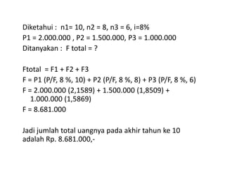 Diketahui : n1= 10, n2 = 8, n3 = 6, i=8%
P1 = 2.000.000 , P2 = 1.500.000, P3 = 1.000.000
Ditanyakan : F total = ?
Ftotal = F1 + F2 + F3
F = P1 (P/F, 8 %, 10) + P2 (P/F, 8 %, 8) + P3 (P/F, 8 %, 6)
F = 2.000.000 (2,1589) + 1.500.000 (1,8509) +F = 2.000.000 (2,1589) + 1.500.000 (1,8509) +
1.000.000 (1,5869)
F = 8.681.000
Jadi jumlah total uangnya pada akhir tahun ke 10
adalah Rp. 8.681.000,-
 