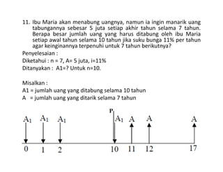 11. Ibu Maria akan menabung uangnya, namun ia ingin manarik uang
tabungannya sebesar 5 juta setiap akhir tahun selama 7 tahun.
Berapa besar jumlah uang yang harus ditabung oleh ibu Maria
setiap awal tahun selama 10 tahun jika suku bunga 11% per tahun
agar keinginannya terpenuhi untuk 7 tahun berikutnya?
Penyelesaian :
Diketahui : n = 7, A= 5 juta, i=11%
Ditanyakan : A1=? Untuk n=10.
Misalkan :Misalkan :
A1 = jumlah uang yang ditabung selama 10 tahun
A = jumlah uang yang ditarik selama 7 tahun
 
