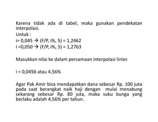 Karena tidak ada di tabel, maka gunakan pendekatan
interpolasi.
Untuk :
i= 0,045 (F/P, i%, 5) = 1,2462
I =0,050 (F/P, i%, 5) = 1,2763
Masukkan nilai ke dalam persamaan interpolasi linier.Masukkan nilai ke dalam persamaan interpolasi linier.
i = 0,0456 atau 4,56%
Agar Pak Amir bisa mendapatkan dana sebesar Rp. 100 juta
pada saat berangkat naik haji dengan mulai menabung
sekarang sebesar Rp. 80 juta, maka suku bunga yang
berlaku adalah 4,56% per tahun.
 