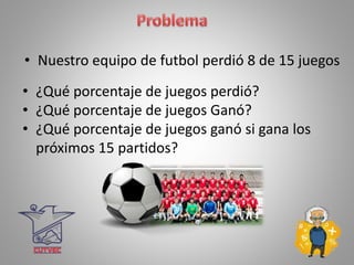 • Nuestro equipo de futbol perdió 8 de 15 juegos
• ¿Qué porcentaje de juegos perdió?
• ¿Qué porcentaje de juegos Ganó?
• ¿Qué porcentaje de juegos ganó si gana los
próximos 15 partidos?
 