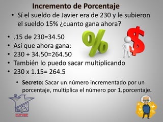 • Sí el sueldo de Javier era de 230 y le subieron
el sueldo 15% ¿cuanto gana ahora?
• .15 de 230=34.50
• Así que ahora gana:
• 230 + 34.50=264.50
• También lo puedo sacar multiplicando
• 230 x 1.15= 264.5
• Secreto: Sacar un número incrementado por un
porcentaje, multiplica el número por 1.porcentaje.
 