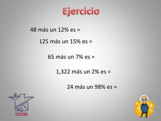 48 más un 12% es =
125 más un 15% es =
65 más un 7% es =
1,322 más un 2% es =
24 más un 98% es =
 