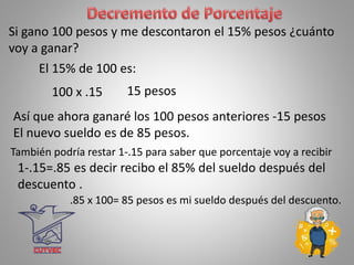 15 pesos
Si gano 100 pesos y me descontaron el 15% pesos ¿cuánto
voy a ganar?
El 15% de 100 es:
100 x .15
1-.15=.85 es decir recibo el 85% del sueldo después del
descuento .
Así que ahora ganaré los 100 pesos anteriores -15 pesos
El nuevo sueldo es de 85 pesos.
También podría restar 1-.15 para saber que porcentaje voy a recibir
.85 x 100= 85 pesos es mi sueldo después del descuento.
 