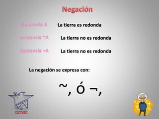 Sentencia A
Sentencia ~A
La tierra es redonda
La tierra no es redonda
La negación se expresa con:
Sentencia ¬A La tierra no es redonda
~, ó ¬,
 