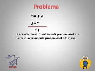 F=ma
a=F
m
La aceleración es: directamente proporcional a la
fuerza e inversamente proporcional a la masa.
 