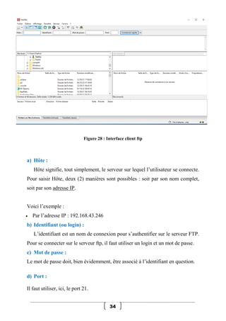 34
Figure 28 : Interface client ftp
a) Hôte :
Hôte signifie, tout simplement, le serveur sur lequel l’utilisateur se conne...