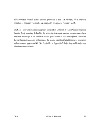 CE 3 Alvaro H. Pescador 10
most important residues for its amount generation at the CIB Refinery, for a line base
operation of one year. The results are graphically presented in Figures 4 and 5.
CE 3.15. The whole information appears compiled in Appendix 3 – Solid Wastes Inventory
Results. Most important difficulties for doing the inventory was that in many cases there
were not knowledge of the residue’s amount generated in an operational period of time or
during the maintenance, so in these cases the residue was identified at the source generation
and the amount appears as NA (Not Available) in Appendix 3, being impossible to include
them in the mass balance.
 