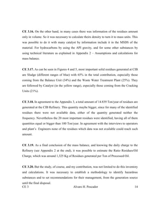CE 3 Alvaro H. Pescador 14
CE 3.16. On the other hand, in many cases there was information of the residues amount
only in volume. So it was necessary to calculate theirs density to turn it to mass units. This
was possible to do it with many catalyst by information include it in the MSDS of the
material. For hydrocarbons by using the API gravity, and for some other substances by
using technical literature as explained in Appendix 2 – Assumptions and calculations for
mass balance.
CE 3.17. As can be seen in Figures 4 and 5, most important solid residues generated at CIB
are Sludge (different ranges of blue) with 65% in the total contribution, especially those
coming from the Balance Unit (34%) and the Waste Water Treatment Plant (25%). They
are followed by Catalyst (in the yellow range), especially those coming from the Cracking
Units (21%).
CE 3.18. In agreement to the Appendix 3, a total amount of 14.839 Ton/year of residues are
generated at the CIB Refinery. This quantity maybe bigger, since for many of the identified
residues there were not available data, either of the quantity generated neither the
frequency. Nevertheless the 20 most important residues were identified, having all of them
quantities equal or bigger than 100 Ton/year. In agreement with the interviews to operators
and plant’s Engineers none of the residues which data was not available could reach such
amount.
CE 3.19. As a final conclusion of the mass balance, and knowing the daily charge to the
Refinery (see Appendix 2 at the end), it was possible to estimate the Ratio Residues/Oil
Charge, which was around 1,325 Kg of Residues generated per Ton of Processed Oil.
CE 3.20. But the study, of course, and my contribution, was not limited to do this inventory
and calculations. It was necessary to establish a methodology to identify hazardous
substances and to set recommendations for their management, from the generation source
until the final disposal.
 