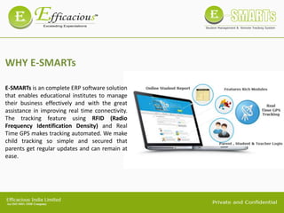 WHY E-SMARTs
E-SMARTs is an complete ERP software solution
that enables educational institutes to manage
their business effectively and with the great
assistance in improving real time connectivity.
The tracking feature using RFID (Radio
Frequency Identification Density) and Real
Time GPS makes tracking automated. We make
child tracking so simple and secured that
parents get regular updates and can remain at
ease.
 