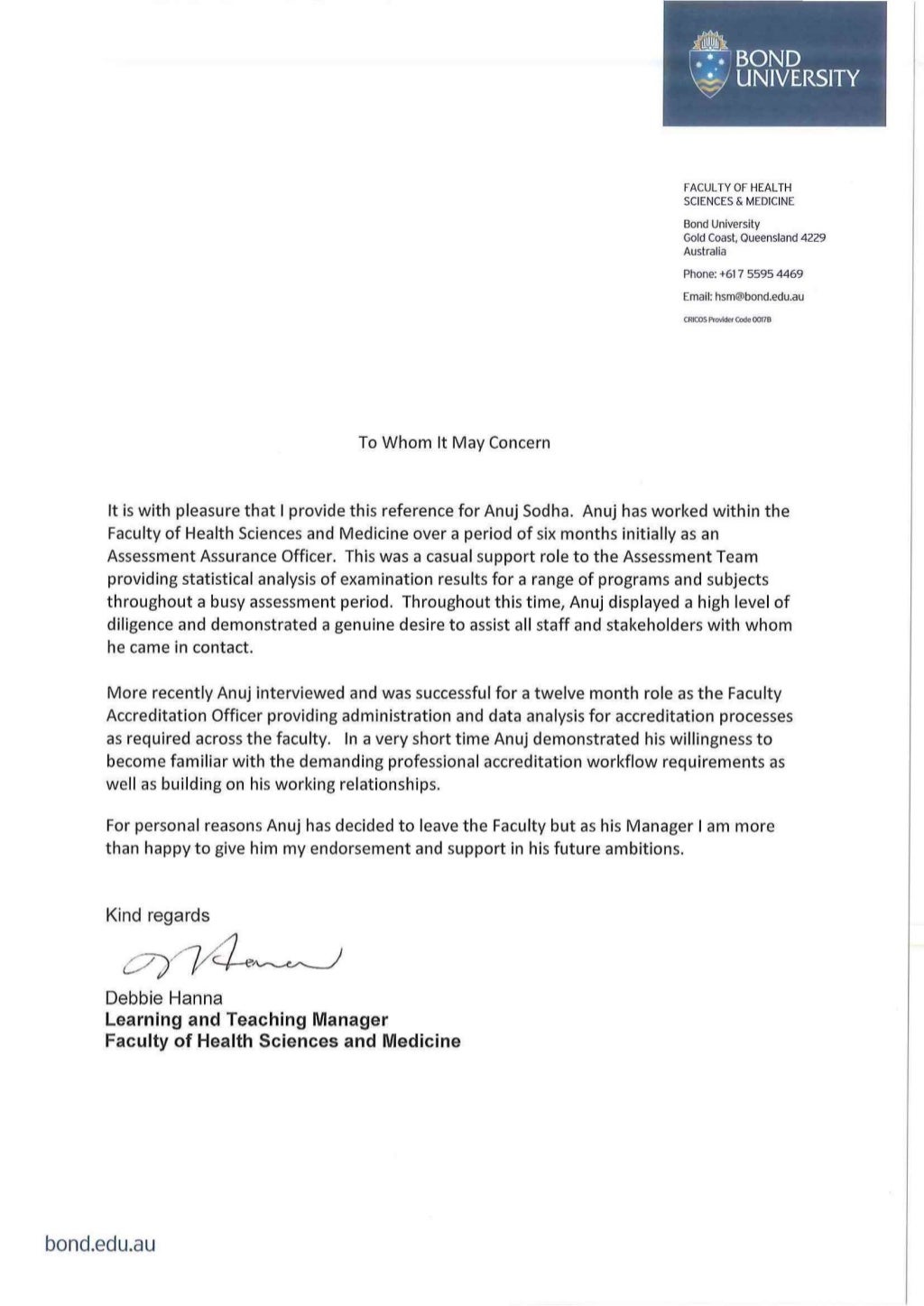 Reference Letter Medical School Bond University