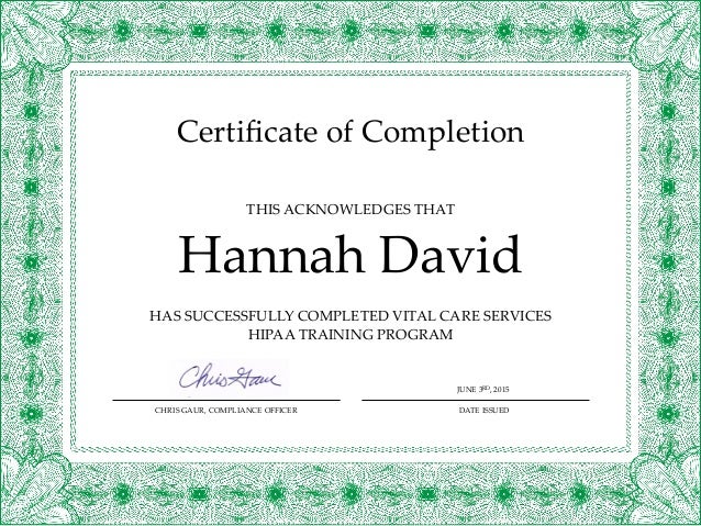 hipaa course completion certificate hdavid 1 course completion certificate