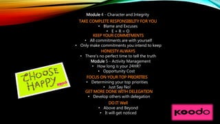 Module 4 - Character and Integrity
TAKE COMPLETE RESPONSIBILITY FOR YOU
• Blame and Excuses
• E + R = O
KEEP YOUR COMMITMENTS
• All commitments are with yourself
• Only make commitments you intend to keep
HONESTY ALWAYS
• There's no perfect time to tell the truth
Module 5 - Activity Management
• How long is your 24HR?
• Opportunity Cost
FOCUS ON YOUR TOP PRIORITIES
• Determining your top priorities
• Just Say No!
GET MORE DONE WITH DELEGATION
• Develop others with delegation
DO IT Well
• Above and Beyond
• It will get noticed
 