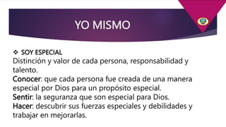 YO MISMO
 SOY ESPECIAL
Distinción y valor de cada persona, responsabilidad y
talento.
Conocer: que cada persona fue creada de una manera
especial por Dios para un propósito especial.
Sentir: la seguranza que son especial para Dios.
Hacer: descubrir sus fuerzas especiales y debilidades y
trabajar en mejorarlas.
 