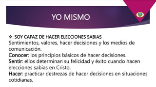 YO MISMO
 SOY CAPAZ DE HACER ELECCIONES SABIAS
Sentimientos, valores, hacer decisiones y los medios de
comunicación.
Conocer: los principios básicos de hacer decisiones.
Sentir: ellos determinan su felicidad y éxito cuando hacen
elecciones sabias en Cristo.
Hacer: practicar destrezas de hacer decisiones en situaciones
cotidianas.
 