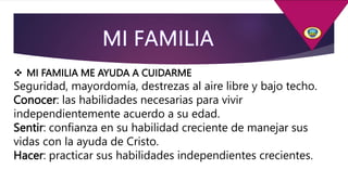  MI FAMILIA ME AYUDA A CUIDARME
Seguridad, mayordomía, destrezas al aire libre y bajo techo.
Conocer: las habilidades necesarias para vivir
independientemente acuerdo a su edad.
Sentir: confianza en su habilidad creciente de manejar sus
vidas con la ayuda de Cristo.
Hacer: practicar sus habilidades independientes crecientes.
 