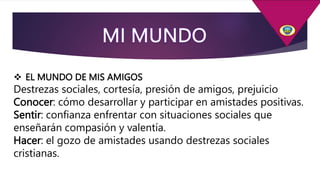  EL MUNDO DE MIS AMIGOS
Destrezas sociales, cortesía, presión de amigos, prejuicio
Conocer: cómo desarrollar y participar en amistades positivas.
Sentir: confianza enfrentar con situaciones sociales que
enseñarán compasión y valentía.
Hacer: el gozo de amistades usando destrezas sociales
cristianas.
 