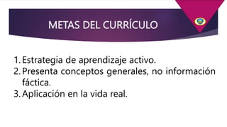 1.Estrategia de aprendizaje activo.
2.Presenta conceptos generales, no información
fáctica.
3.Aplicación en la vida real.
METAS DEL CURRÍCULO
 