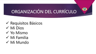ORGANIZACIÓN DEL CURRÍCULO
 Requisitos Básicos
 Mi Dios
 Yo Mismo
 Mi Familia
 Mi Mundo
 