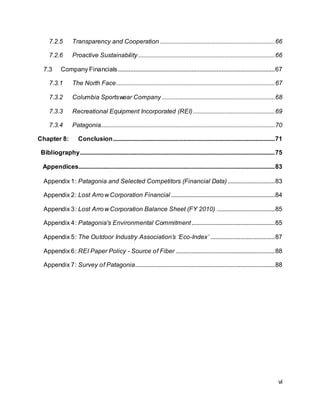 vi
7.2.5 Transparency and Cooperation .........................................................................66
7.2.6 Proactive Sustainability.......................................................................................66
7.3 Company Financials....................................................................................................67
7.3.1 The North Face.....................................................................................................67
7.3.2 Columbia Sportswear Company........................................................................68
7.3.3 Recreational Equipment Incorporated (REI)....................................................69
7.3.4 Patagonia...............................................................................................................70
Chapter 8: Conclusion.......................................................................................................71
Bibliography............................................................................................................................75
Appendices.............................................................................................................................83
Appendix 1: Patagonia and Selected Competitors (Financial Data) ..............................83
Appendix 2: Lost Arrow Corporation Financial ..................................................................84
Appendix 3: Lost Arrow Corporation Balance Sheet (FY 2010) .....................................85
Appendix 4: Patagonia's Environmental Commitment.....................................................85
Appendix 5: The Outdoor Industry Association’s ‘Eco-Index’ .........................................87
Appendix 6: REI Paper Policy - Source of Fiber ...............................................................88
Appendix 7: Survey of Patagonia.........................................................................................88
 