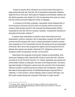 62
Answers to question three indicate the use of environmental fibers leads to a
longer product life-cycle with more than 50% of respondents keeping their Patagonia
apparel for five or more years. With respect to Patagonia’s environmental initiatives and
their lifetime guarantee (see Chapter 4.3), 57% of respondents think prices are correct
and 45% would recommend Patagonia to friends or colleagues
In comparison to the three competitors, respondents choose Patagonia 89% of
the time because of products and 57% of the time because of their environmental
initiatives. Data indicates since 2011 that Corporate Social Responsibility (CSR) is
responsible for more than 40% of a company’s reputation, increasing the importance of
noticeable environmental initiatives.149
In question eight, respondents are asked to choose which factors are most
representative of the four companies. 80% of respondents recognize The North Face’s
products and 32% recognize their service. Colombia Sportswear Company’s products
were recognized by 41% of respondents with only 28% seeing service as representative
of the brand. REI’s service was recognized the highest out of all companies with 53%
although their products were thought of least with 37%. Patagonia’s products were
recognized by 68% of respondents and their service by 50%.
Respondents that recognized environmental initiatives as representative of the
brands gave Patagonia a 92% rating with REI coming in second with 23%. Colombia
was rated at 3% and The North Face with 11%. Overall, respondents see products and
environmental initiatives as adding the most value to the Patagonia brand. This adds a
great deal of loyalty to Patagonia’s customer base with more than 23% of respondents
refusing to purchase a product because the company that manufacturers it does not
take steps to reduce global warming. PriceWaterhouseCoopers found that 88% of
millennials, or “echo boomers,” choose employers based on strong CSR values, and
86% would consider leaving if the companies’ CSR values no longer met their
149 Tim Mohin. (2012, January 18). The Top Ten Trends in CSR For 2012. Retrieved from
http://www.forbes.com/sites/forbesleadershipforum/2012/01/18/the-top-10-trends-in-csr-for-2012/
[accessed 2014, November 25].
 