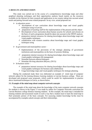 15
3. RESULTS AND DISCUSSION
This study was carried out in the course of a comprehensive knowledge maps and other
graphical planning techniques and their opportunities analysis based mainly on the resources
available on the Internet for their research and application in our country taking into account actual
needs and putting forward some related proposals. In my view, actual proposals are:
 in education sector –
 development of new curriculum about knowledge maps and visual graphic
techniques using in Latvian
 preparation of teaching staff for the implementation of the present and this object
 Development of new curriculum about human security for schools and citizens on
the basis of such a programme should be taken into account in the SWOT analysis
 preparation internet resources for sharing knowledges about knowledge maps and
visual graphic techniques
 collaboration with western countries about knowledge maps and visual graphic
techniques using

 In government and municipalities sector –
 Implementation of the provisions of the strategic planning of government
institutions and municipalities on the basis of systemic thinking
 preparation internet resources for sharing knowledges about knowledge maps and
visual graphic techniques life management
 Stimulate between ethnical dialogues
 Stimulate life-long education (Bryson, (2013))
 In business sector –
 preparation internet resources for sharing knowledges about knowledge maps and
visual graphic techniques for business and collaboration
 Usage knowledge maps and visual graphic techniques for strategic planning.
During the conducted study there was elaborated an example of mind map of computer
network subject for the training distance learning students in Latvian business college. There are
developed and proposed some proposals, which could be useful for implementation in practice
above mentioned techniques in Latvia, as shown below.
3.1. Example of the mind map about computer network concepts
The example of the mind map about the knowledge of the main computer network concepts
for students is shown in the Figure 13 was made by author for Computer Networks curriculum for
Latvian Business college distance learning students. In this example, the mind map is intended for
training students and assessment results in such a way that a student must to learn the mind map to
find systematic picture of the basic concepts. For assessing student knowledge he/she must be
accompanied by examples asked concepts and their relationships.
 