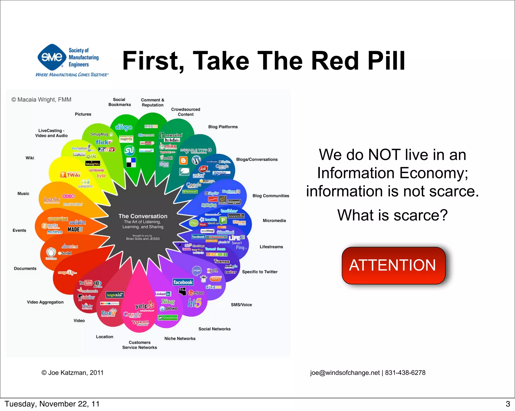 © Joe Katzman, 2011 joe@windsofchange.net | 831-438-6278
First, Take The Red Pill
We do NOT live in an
Information Economy;
information is not scarce.
What is scarce?
ATTENTION
© Macaia Wright, FMM
3Tuesday, November 22, 11
 