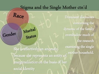 Stigma and the Single Mother ctn’d
Dominant discourses
concerning the
dynamic of the family
overshadow much of
the research
examining the single
mother household.
She is effectively an anomaly,
because she represents an entity of
marginalization on the basis of her
social identity
 