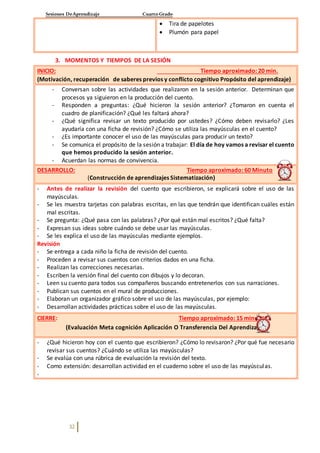 Sesiones DeAprendizaje Cuarto Grado
32
 Tira de papelotes
 Plumón para papel
3. MOMENTOS Y TIEMPOS DE LA SESIÓN
INICIO: Tiempo aproximado: 20 min.
(Motivación, recuperación de saberes previos y conflicto cognitivo Propósito del aprendizaje)
- Conversan sobre las actividades que realizaron en la sesión anterior. Determinan que
procesos ya siguieron en la producción del cuento.
- Responden a preguntas: ¿Qué hicieron la sesión anterior? ¿Tomaron en cuenta el
cuadro de planificación? ¿Qué les faltará ahora?
- ¿Qué significa revisar un texto producido por ustedes? ¿Cómo deben revisarlo? ¿Les
ayudaría con una ficha de revisión? ¿Cómo se utiliza las mayúsculas en el cuento?
- ¿Es importante conocer el uso de las mayúsculas para producir un texto?
- Se comunica el propósito de la sesión a trabajar: El día de hoy vamos a revisar el cuento
que hemos producido la sesión anterior.
- Acuerdan las normas de convivencia.
DESARROLLO: Tiempo aproximado: 60 Minuto
(Construcción de aprendizajes Sistematización)
- Antes de realizar la revisión del cuento que escribieron, se explicará sobre el uso de las
mayúsculas.
- Se les muestra tarjetas con palabras escritas, en las que tendrán que identifican cuáles están
mal escritas.
- Se pregunta: ¿Qué pasa con las palabras? ¿Por qué están mal escritos? ¿Qué falta?
- Expresan sus ideas sobre cuándo se debe usar las mayúsculas.
- Se les explica el uso de las mayúsculas mediante ejemplos.
Revisión
- Se entrega a cada niño la ficha de revisión del cuento.
- Proceden a revisar sus cuentos con criterios dados en una ficha.
- Realizan las correcciones necesarias.
- Escriben la versión final del cuento con dibujos y lo decoran.
- Leen su cuento para todos sus compañeros buscando entretenerlos con sus narraciones.
- Publican sus cuentos en el mural de producciones.
- Elaboran un organizador gráfico sobre el uso de las mayúsculas, por ejemplo:
- Desarrollan actividades prácticas sobre el uso de las mayúsculas.
CIERRE: Tiempo aproximado: 15 minutos
(Evaluación Meta cognición Aplicación O Transferencia Del Aprendizaje)
- ¿Qué hicieron hoy con el cuento que escribieron? ¿Cómo lo revisaron? ¿Por qué fue necesario
revisar sus cuentos? ¿Cuándo se utiliza las mayúsculas?
- Se evalúa con una rúbrica de evaluación la revisión del texto.
- Como extensión: desarrollan actividad en el cuaderno sobre el uso de las mayúsculas.
-
 