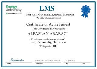 NOT JUST ANOTHER ELEARNING COMPANY
We Make e-Learning Special
Certificate of Achievement
This Certificate is Awarded to:
For the successful completion of:
With grade:
Instructor Serial Number Date Expire
LMS
15 Şub 20151040dbf594ca2aa765c41bfa5d1db5d1
ALPASLAN ARABACI
Enerji Verimliliği Temelleri
100
Powered by TCPDF (www.tcpdf.org)
 