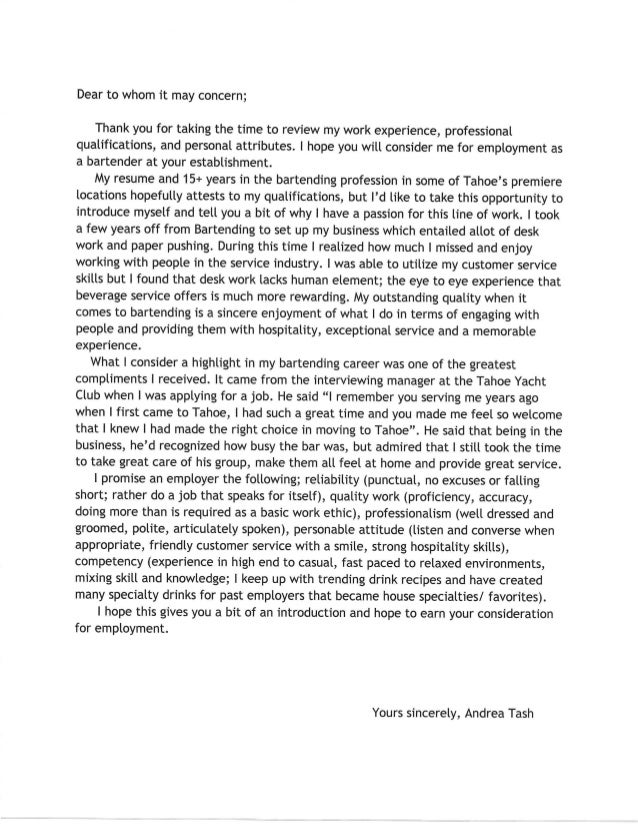 Bartending resume cover letter