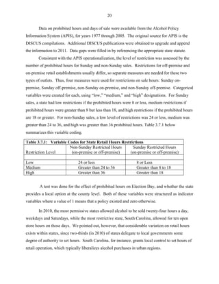 20
Data on prohibited hours and days of sale were available from the Alcohol Policy
Information System (APIS), for years 1977 through 2005. The original source for APIS is the
DISCUS compilations. Additional DISCUS publications were obtained to upgrade and append
the information to 2011. Data gaps were filled in by referencing the appropriate state statute.
Consistent with the APIS operationalization, the level of restriction was assessed by the
number of prohibited hours for Sunday and non-Sunday sales. Restrictions for off-premise and
on-premise retail establishments usually differ, so separate measures are needed for these two
types of outlets. Thus, four measures were used for restrictions on sale hours: Sunday on-
premise, Sunday off-premise, non-Sunday on-premise, and non-Sunday off-premise. Categorical
variables were created for each, using “low,” “medium,” and “high” designations. For Sunday
sales, a state had low restrictions if the prohibited hours were 8 or less, medium restrictions if
prohibited hours were greater than 8 but less than 18, and high restrictions if the prohibited hours
are 18 or greater. For non-Sunday sales, a low level of restrictions was 24 or less, medium was
greater than 24 to 36, and high was greater than 36 prohibited hours. Table 3.7.1 below
summarizes this variable coding.
Table 3.7.1: Variable Codes for State Retail Hours Restrictions
Restriction Level
Non-Sunday Restricted Hours
(on-premise or off-premise)
Sunday Restricted Hours
(on-premise or off-premise)
Low 24 or less 8 or Less
Medium Greater than 24 to 36 Greater than 8 to 18
High Greater than 36 Greater than 18
A test was done for the effect of prohibited hours on Election Day, and whether the state
provides a local option at the county level. Both of these variables were structured as indicator
variables where a value of 1 means that a policy existed and zero otherwise.
In 2010, the most permissive states allowed alcohol to be sold twenty-four hours a day,
weekdays and Saturdays, while the most restrictive state, South Carolina, allowed for ten open
store hours on those days. We pointed out, however, that considerable variation on retail hours
exists within states, since two-thirds (in 2010) of states delegate to local governments some
degree of authority to set hours. South Carolina, for instance, grants local control to set hours of
retail operation, which typically liberalizes alcohol purchases in urban regions.
 