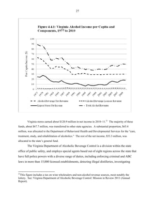 27
Virginia stores earned about $120.9 million in net income in 2010–11.21
The majority of these
funds, about $67.7 million, was transferred to other state agencies. A substantial proportion, $65.4
million, was allocated to the Department of Behavioral Health and Developmental Services for the “care,
treatment, study, and rehabilitation of alcoholics.” The rest of the net income, $53.3 million, was
allocated to the state’s general fund.
The Virginia Department of Alcoholic Beverage Control is a division within the state
office of public safety, and employs special agents based out of eight regions across the state that
have full police powers with a diverse range of duties, including enforcing criminal and ABC
laws in more than 15,000 licensed establishments, detecting illegal distilleries, investigating
21
This figure includes a tax on wine wholesalers and non-alcohol revenue sources, most notably the
lottery. See: Virginia Department of Alcoholic Beverage Control: Mission in Review 2011 (Annual
Report).
 