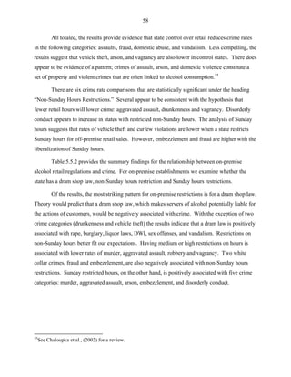 58
All totaled, the results provide evidence that state control over retail reduces crime rates
in the following categories: assaults, fraud, domestic abuse, and vandalism. Less compelling, the
results suggest that vehicle theft, arson, and vagrancy are also lower in control states. There does
appear to be evidence of a pattern; crimes of assault, arson, and domestic violence constitute a
set of property and violent crimes that are often linked to alcohol consumption.35
There are six crime rate comparisons that are statistically significant under the heading
“Non-Sunday Hours Restrictions.” Several appear to be consistent with the hypothesis that
fewer retail hours will lower crime: aggravated assault, drunkenness and vagrancy. Disorderly
conduct appears to increase in states with restricted non-Sunday hours. The analysis of Sunday
hours suggests that rates of vehicle theft and curfew violations are lower when a state restricts
Sunday hours for off-premise retail sales. However, embezzlement and fraud are higher with the
liberalization of Sunday hours.
Table 5.5.2 provides the summary findings for the relationship between on-premise
alcohol retail regulations and crime. For on-premise establishments we examine whether the
state has a dram shop law, non-Sunday hours restriction and Sunday hours restrictions.
Of the results, the most striking pattern for on-premise restrictions is for a dram shop law.
Theory would predict that a dram shop law, which makes servers of alcohol potentially liable for
the actions of customers, would be negatively associated with crime. With the exception of two
crime categories (drunkenness and vehicle theft) the results indicate that a dram law is positively
associated with rape, burglary, liquor laws, DWI, sex offenses, and vandalism. Restrictions on
non-Sunday hours better fit our expectations. Having medium or high restrictions on hours is
associated with lower rates of murder, aggravated assault, robbery and vagrancy. Two white
collar crimes, fraud and embezzlement, are also negatively associated with non-Sunday hours
restrictions. Sunday restricted hours, on the other hand, is positively associated with five crime
categories: murder, aggravated assault, arson, embezzlement, and disorderly conduct.
35
See Chaloupka et al., (2002) for a review.
 