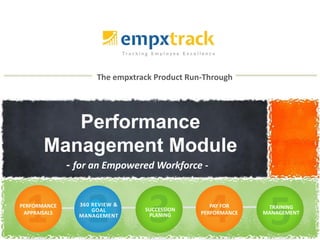 The empxtrack Product Run-Through
Performance
Management Module
- for an Empowered Workforce -
PERFORMANCE
APPRAISALS
360 REVIEW &
GOAL
MANAGEMENT
SUCCESSION
PLANING
PAY FOR
PERFORMANCE
TRAINING
MANAGEMENT
 