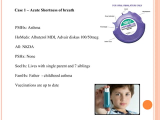 PMHx: Asthma
HoMeds: Albuterol MDI, Advair diskus 100/50mcg
All: NKDA
PSHx: None
SocHx: Lives with single parent and 7 siblings
FamHx: Father - childhood asthma
Vaccinations are up to date
Case 1 – Acute Shortness of breath
 