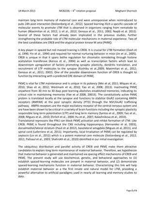 18 March 2013 MCB220L – 4th
rotation proposal Meghann Shorrock
Page 2 of 6
maintain long term memory of maternal care and were unresponsive when reintroduced to
pubs 24h post interaction (Stolzenberg et al., 2012). Spaced learning illicit a specific cascade of
molecular events to promote LTM that is observed in organisms ranging from nematode to
human (Maximilian et al, 2012; Li et al., 2013; Genoux et al., 2011; 2002; Naqib et al. 2012).
Several of these factors had already been implicated in the previous studies, further
strengthening the probable role of LTM molecular mechanisms in maternal experience. Two of
the best candidates are CREB and the atypical protein kinase M zeta (PKMζ).
A key player in spaced but not massed training is CREB. It is crucial for LTM formation (Dash et
al, 1990; Yin et al., 1994) and required for normal nurturing behavior in mice (Jin et al., 2005).
CREB is unique in that it spans bothe regulation for chromatin remodeling through histone
acetylation transferase (Korzus et al., 2004) as well as transcription factors which lead to
downstream upregulation of factors promoting synaptic plasticity, dendritic translation, and
recruitment of LTP molecules to the synapse (Koshibu et al.,2009; Maximilian et al., 2012;
Genoux et al., 2011; 2002). One of the possible downstream function of CREB is thought to
function by interacting with a predicted CRE domain of PKMζ.
PKMζ is vital for LTM maintenance and is unique in its potency (Mei et al, 2011; Miques et al.,
2010; Shao et al, 2012; Westmark et al, 2010; Yao et al, 2008; 2013). Inactivating PKMζ
anywhere from 30 min to 30 days post learning abolishes established memories, indicating its
critical role in maintaining memories (Yae et al 2008, 20013). The constitutively active PKMζ
protein is translated locally at the synapse and functions to stabilize GluR2 containing AMPA
receptors (AMPAR) at the post synaptic density (PTD) through the NSF/GluR2 trafficking
pathway. AMPA receptors are the major excitatory receptor of the central nervous system and
are have been shown to be critical in a variety of brain functions including the synaptic plasticity
responsible long term potentiation (LTP) and long term memory (Santos et al., 2009; Yao et al.,
2008; Migues et al., 2010; Ehrlich et al., 2004; Hu et al., 2007; Kalashnikova et al., 2010).
Translational repressors like PIN1 can block PKMζ activation and inhibit formation of LTM. Like
CREB, PKMζ is found throughout the CNS including hippocampus (Hernandez et al, 2003),
dorsalmedial/lateral striatum (Pauli et al 2012), basolateral amygdala (Migues et al, 2011), and
spinal cord (Laferriere et al, 2011). Importantly, local trnalsation of PKMζ can be regulated by
oxytocin (Lin et al., 2012) which is a potent maternal care molecule (Stolzenberg et al., 2012;
2011; Patisaul et al., 2003; Shahrokh et al., 2010) identified in our initial investigation.
The ubiquitous distribution and parallel activity of CREB and PKMζ make them attractive
candidates to explain long term maintenance of maternal behavior. Therefore, we hypothesize
that maternal behavior is generated and maintained via spacing effect mechanisms of CREB and
PKMζ. The present study will use biochemical, genetic, and behavioral approaches to (1)
establish spaced-learning molecules are present in maternal behavior, and (2) demonstrate
spaced-learning mechanisms function in maternal behavior. Characterizing this link will help
establish maternal behavior as a the first innate and natural model for LTM, providing a
powerful alternative to artificial paradigms used in nearly all learning and memory studies to
date.
 