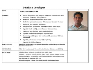 Database Developer
NAME
MANIKANDAN NATARAJAN
SUMMARY  9 Years of experience with Database and System administration, Data
warehouse Design and BI Development.
 Worked as Database administrator for 5+ years.
 Worked as System administrator (Windows and Linux) for 3+ years.
 Worked as Data modeller, BI Designer.
 Data warehouse architecture, in both Kimball and Inmon styles.
 Expert in Oracle and SQL Server Database Administration.
 Experience with Microsoft Azure cloud computing.
 Expert in Databases Designing and Administration.
 Architecting and design of data warehouse ETL processes- MSBI and
Informatica.
 Expert in performance tuning and Query tuning.
 Expert in PL/SQL Development
QUALIFICATIONS
CERTIFICATION :
Bachelor of Engineering (B.E) in Computer Science and Engineering(CSE) stream from
Anna University, Chennai
ITIL® 2011 Foundation and MicrosoftCertified Database Administrator (MCDBA)
FOCUS AREAS Database Admin - SQL Server 2014/2012/2008, Oracle 11g/9i
Databases – SQL Server 2014/2012/2008, Oracle11g/9i, Netezza, DB2 and Teradata
Business Intelligence Technologies – MSBI (SSIS, SSAS & SSRS), Informatica versions.
Data Modeling – ER Studio and CR Erwin
Report Development- Tableau, SSRS,OBIEE, Power BI, QlikView and Cognos
 