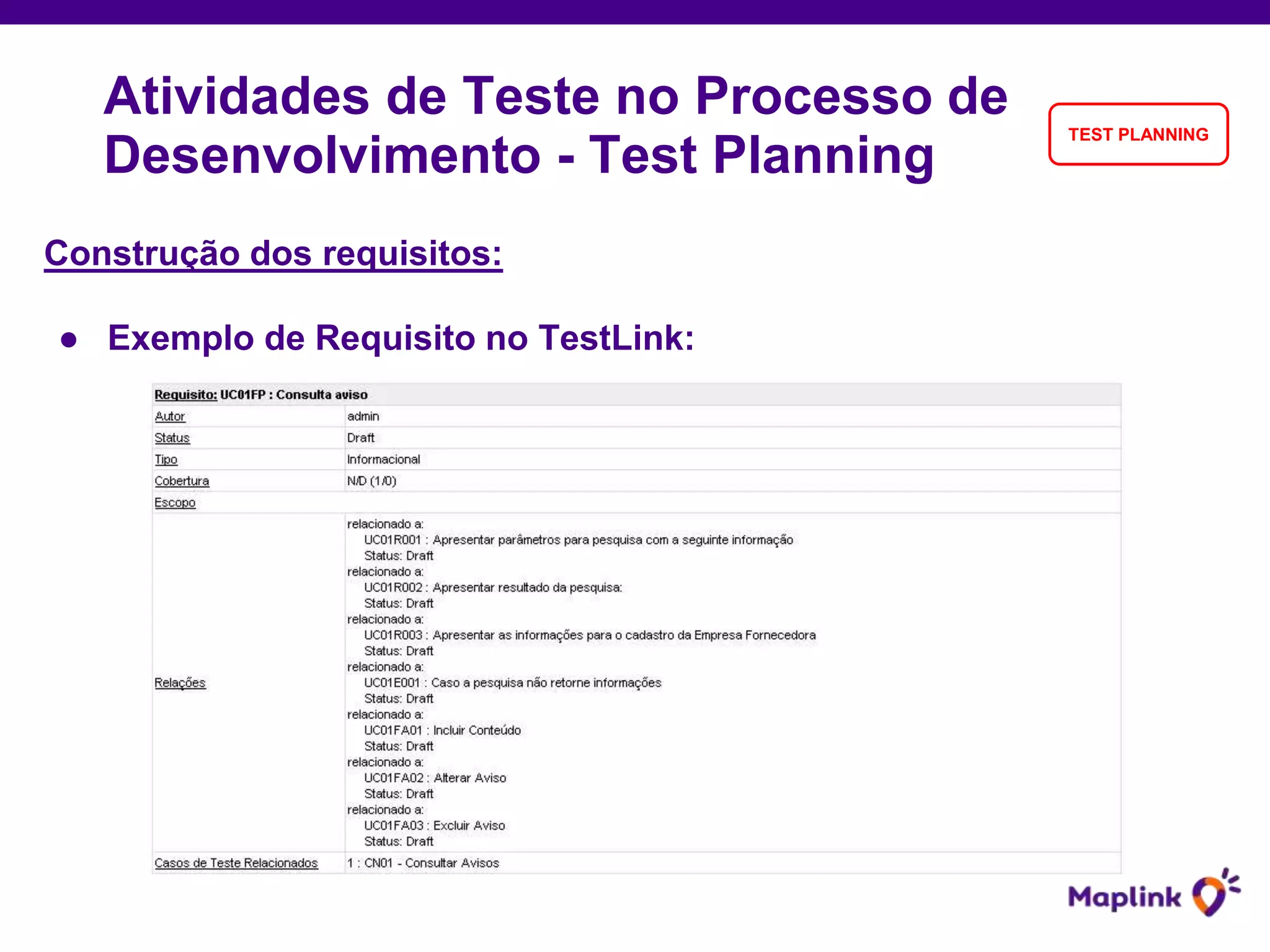 Construção dos requisitos:
● Exemplo de Requisito no TestLink:
Atividades de Teste no Processo de
Desenvolvimento - Test Planning
TEST PLANNING
 
