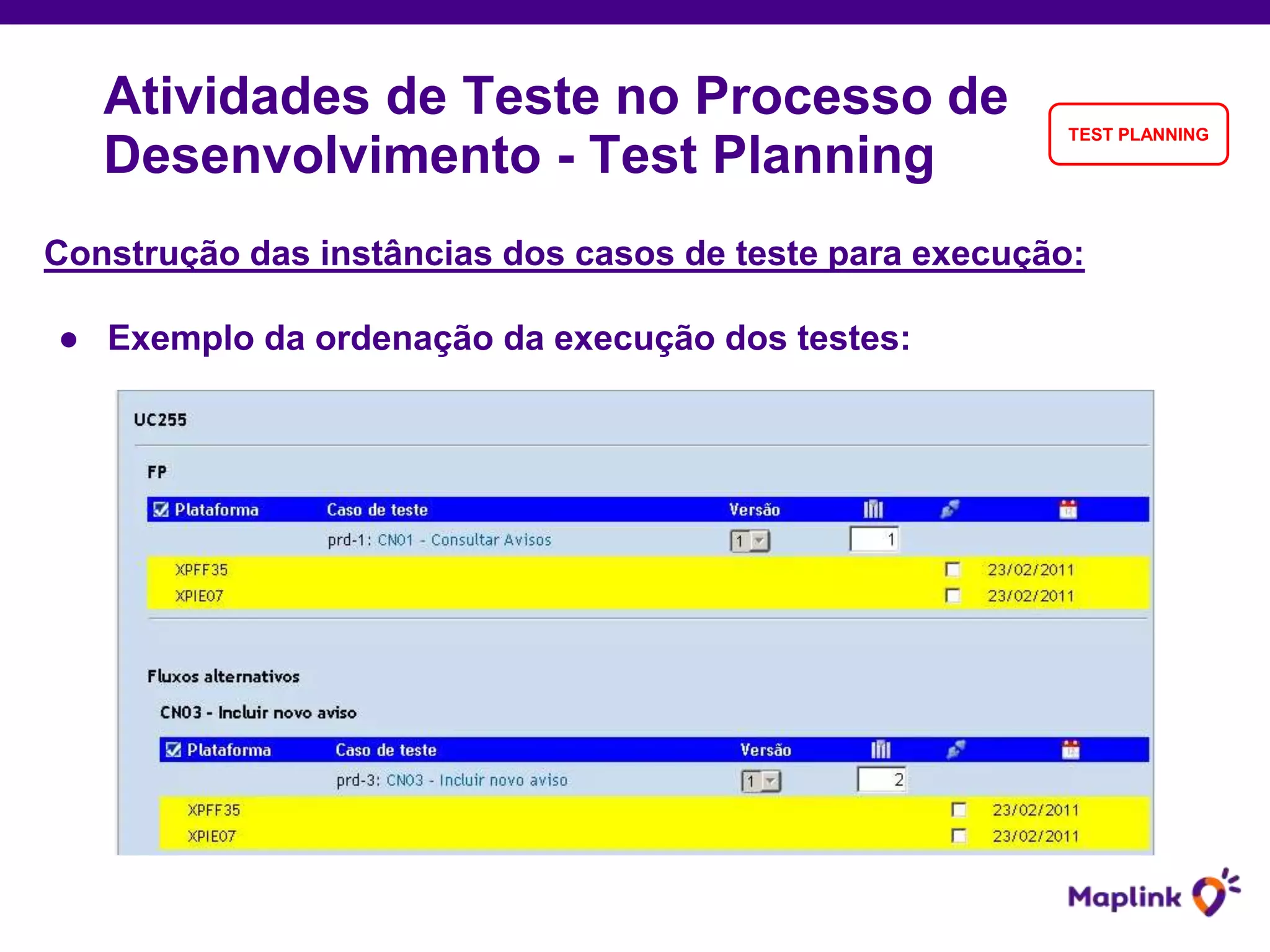 Construção das instâncias dos casos de teste para execução:
● Exemplo da ordenação da execução dos testes:
Atividades de Teste no Processo de
Desenvolvimento - Test Planning
TEST PLANNING
 
