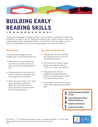 BUILDING EARLY
READING SKILLS
Did You Know?
There are natural opportunities to
support your young scholar’s learning:
Easy Steps Parents Can Take
Building early language and reading skills in young children is important to help them
prepare for success in school. Talking and reading to your child—starting at birth—will
build reading, writing, and talking abilities. If your child is a strong reader, it will be
easier to understand words in other school subjects, like math and science.
the-naz.org | 2123 West Broadway Avenue #100 | Minneapolis, MN 55411 | 612-521-4405
©2015 Northside Achievement Zone (NAZ). Reprint only with permission.
12/14
Northside
Achievement
Zone
Usedescriptivecommentswhenreadingto
yourchild.
Askopen-endedquestionstohelpyour
childthinkofwhatcomesnext.
Respondtoyourchildwithpraise.
Expandonwhatyourchildsays.
C
A
R
E
• Meal time: Ask your child to tell
you what she wants to eat or to
tell you something good about her
day.
• Getting dressed: Have your child
tell you what he is putting on, and
encourage him to say colors.
• When you are writing: Try to write
down words your child says.
When your child watches you
write, she learns a lot about how
written language works.
• Play games with your child that
use rhyming words or focus on
the beginning sounds.
• Talk with your child about letter
names and letter sounds like,
“That’s an L, and L sounds like...”.
• Play games that include
recognizing shapes and letters.
Search for certain letters on signs
or on grocery store items.
• Sing songs, read nursery rhymes,
or play hand-clap games like Mary
Mac.
 