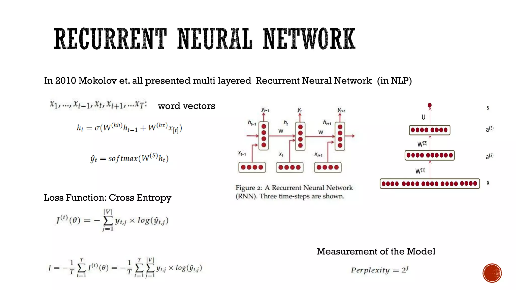 word vectors
Loss Function: Cross Entropy
Measurement of the Model
In 2010 Mokolov et. all presented multi layered Recurrent Neural Network (in NLP)
 