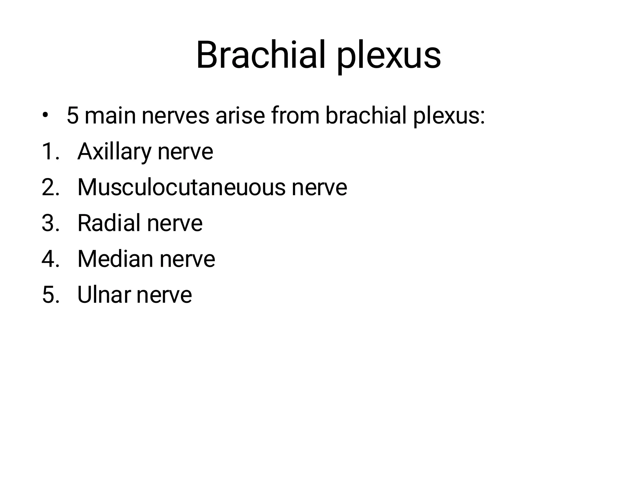 Brachial plexus
• 5 main nerves arise from brachial plexus:
1. Axillary nerve
2. Musculocutaneuous nerve
3. Radial nerve
4. Median nerve
5. Ulnar nerve
 