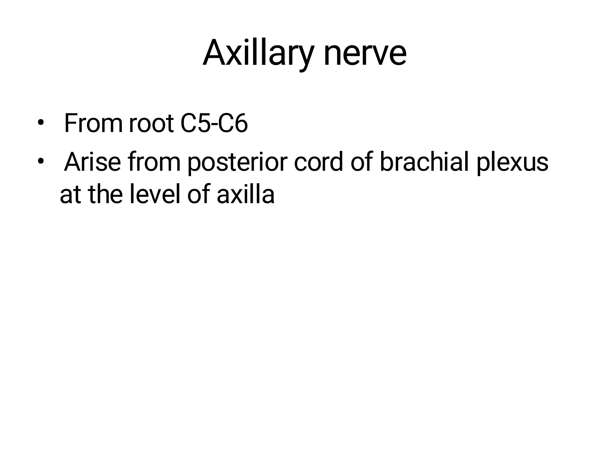 Axillary nerve
• From root C5-C6
• Arise from posterior cord of brachial plexus
at the level of axilla
 