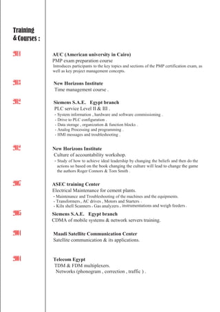 workshop:
for the game, forchange the game .based on the book changes the culture;
Training
&Courses :
2014 AUC (American university in Cairo)
PMP exam preparation course
Introduces participants to the key topics and sections of the PMP certification exam, as
well as key project management concepts.
2013 New Horizons Institute
Time management course .
2012 Siemens S.A.E. Egypt branch
PLC service Level II & III .
- System information , hardware and software commissioning .
- Drive to PLC configuration .
- Data storage , organization & function blocks .
- Analog Processing and programming .
- HMI messages and troubleshooting .
2012 New Horizons Institute
Culture of accountability workshop.
- Study of how to achieve ideal leadership by changing the beliefs and then do the
actions so based on the book changing the culture will lead to change the game
the authors Roger Connors & Tom Smith .
2007 ASEC training Center
Electrical Maintenance for cement plants.
- Maintenance and Troubleshooting of the machines and the equipments.
- Transformers, AC drives , Motors and Starters .
- Kiln shell Scanners , Gas analyzers , instrumentations and weigh feeders .
2005 Siemens S.A.E. Egypt branch
CDMA of mobile systems & network servers training.
2004 Maadi Satellite Communication Center
Satellite communication & its applications.
2004 Telecom Egypt
TDM & FDM multiplexers.
Networks (phonogram , correction , traffic ) .
 